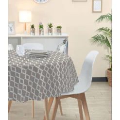 Nappe ronde toile cirée blanche et taupe design graphique