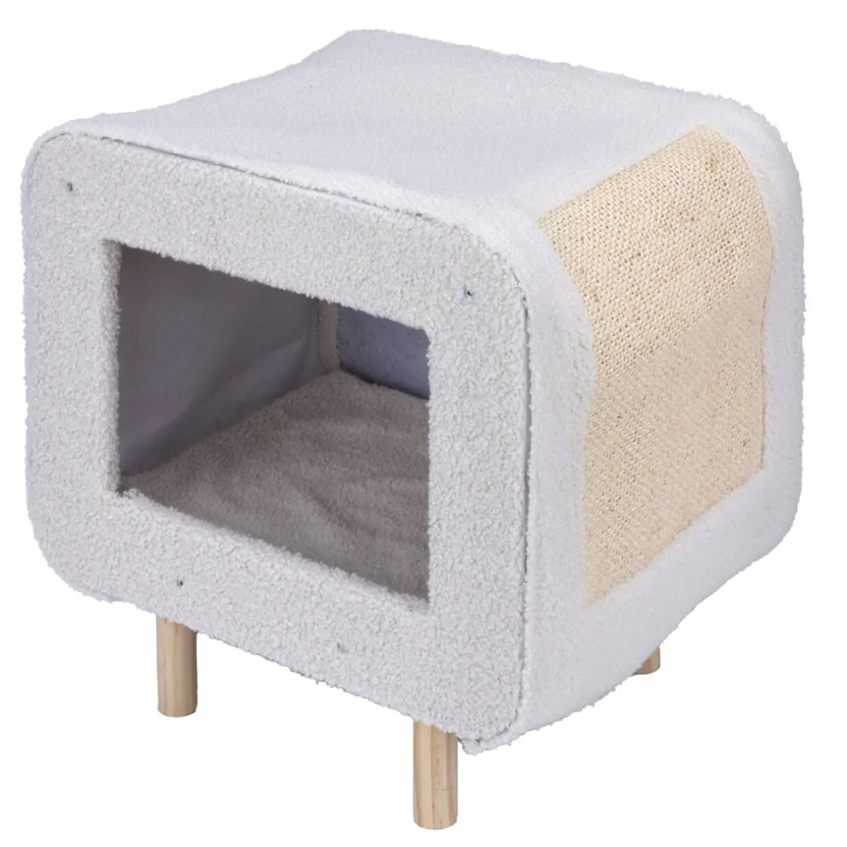 Niche pour chat ou chien en bois et tissu beige avec grattoir 48x48xH38cm < Gifi Hot
