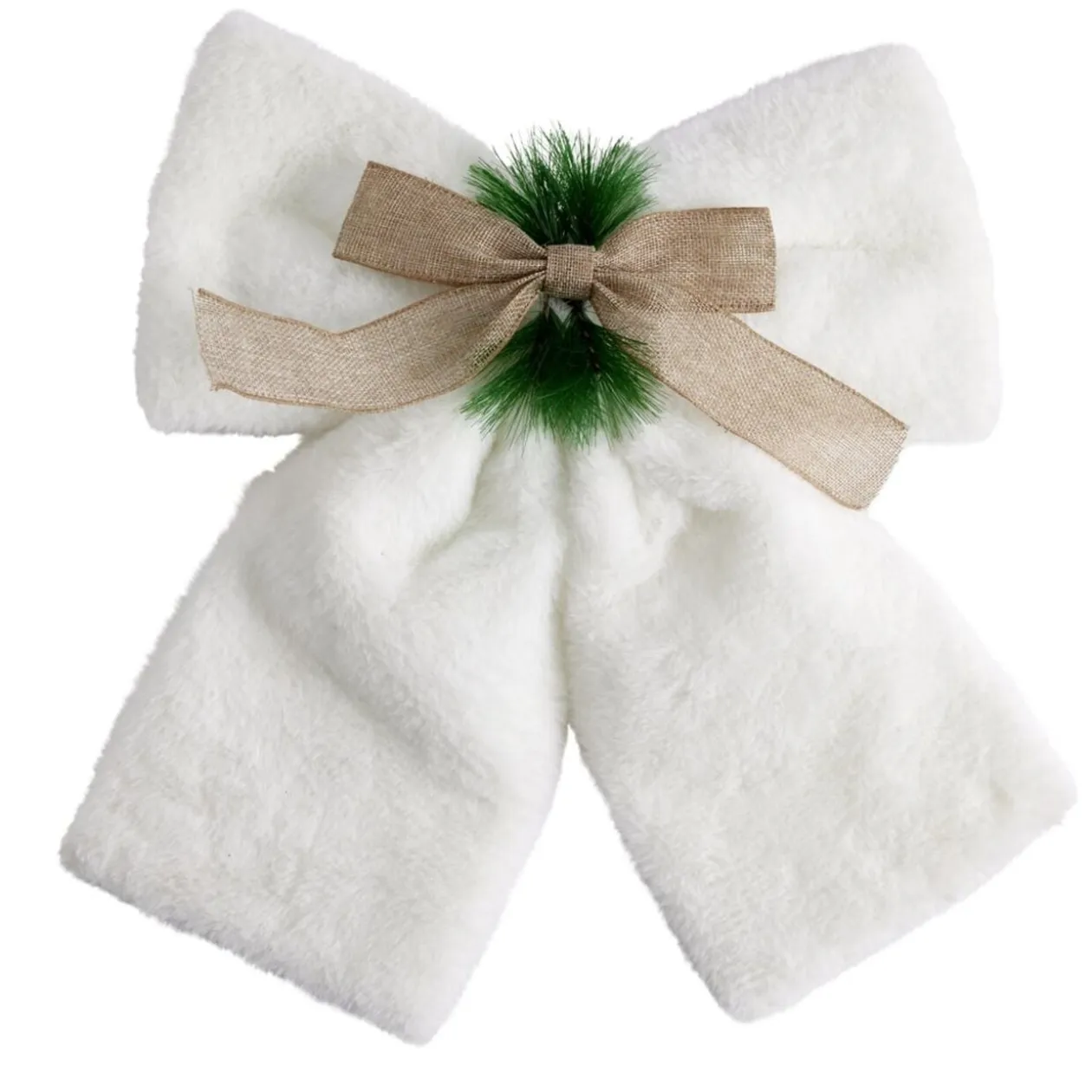 Noeud décoratif Noël XL toucher peluche blanc avec décor vert et marron 40x40cm