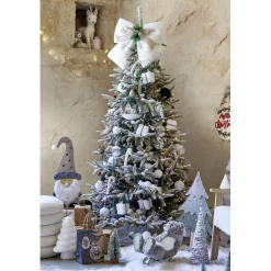 Noeud décoratif Noël XL toucher peluche blanc avec décor vert et marron 40x40cm
