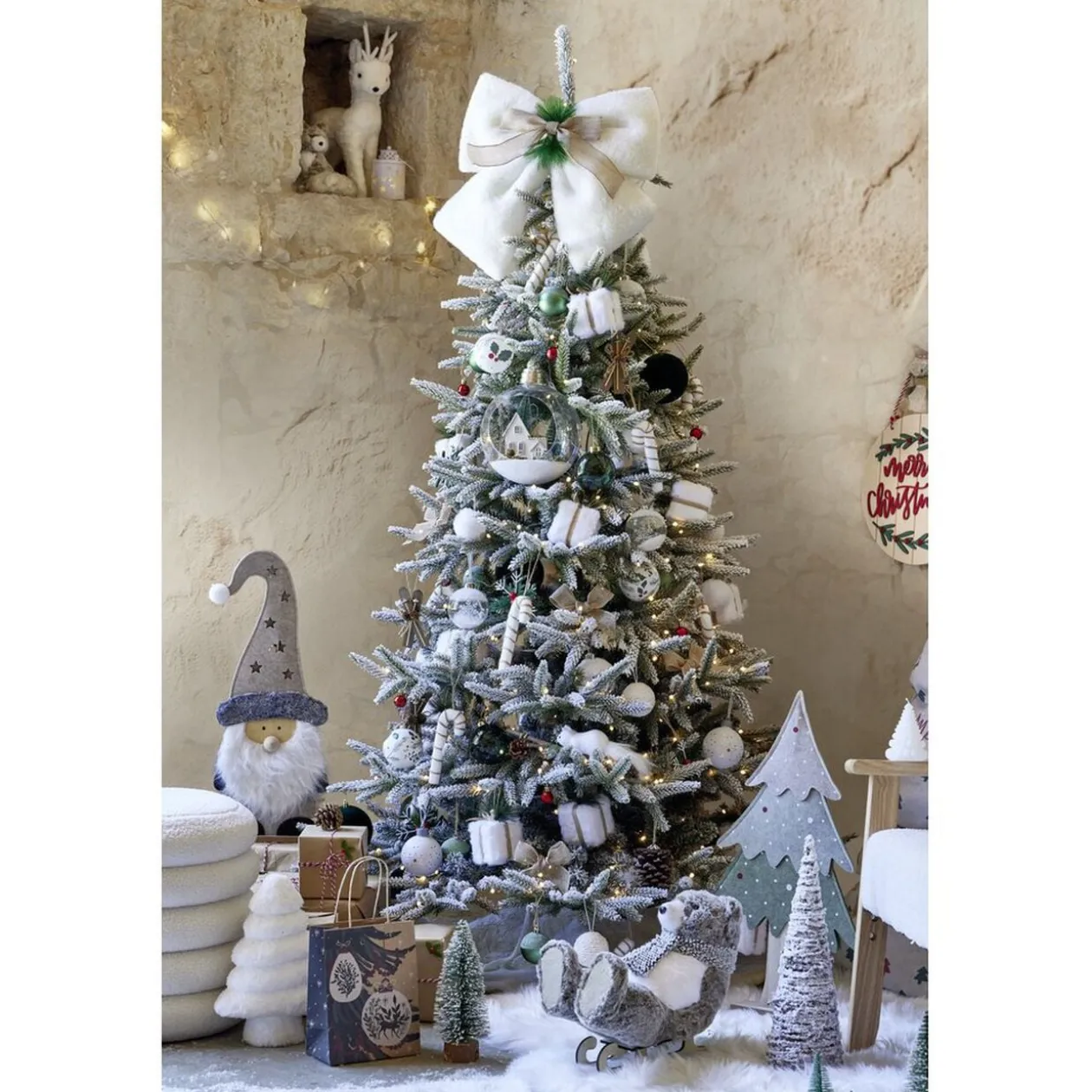 Noeud décoratif Noël XL toucher peluche blanc avec décor vert et marron 40x40cm