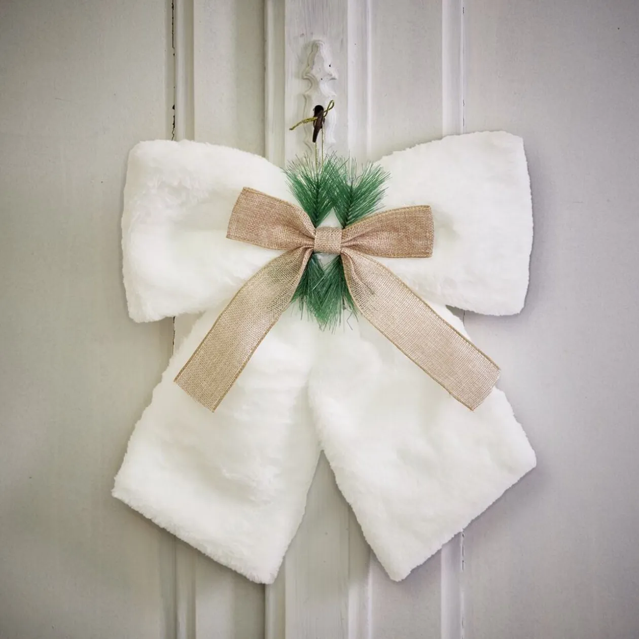 Noeud décoratif Noël XL toucher peluche blanc avec décor vert et marron 40x40cm