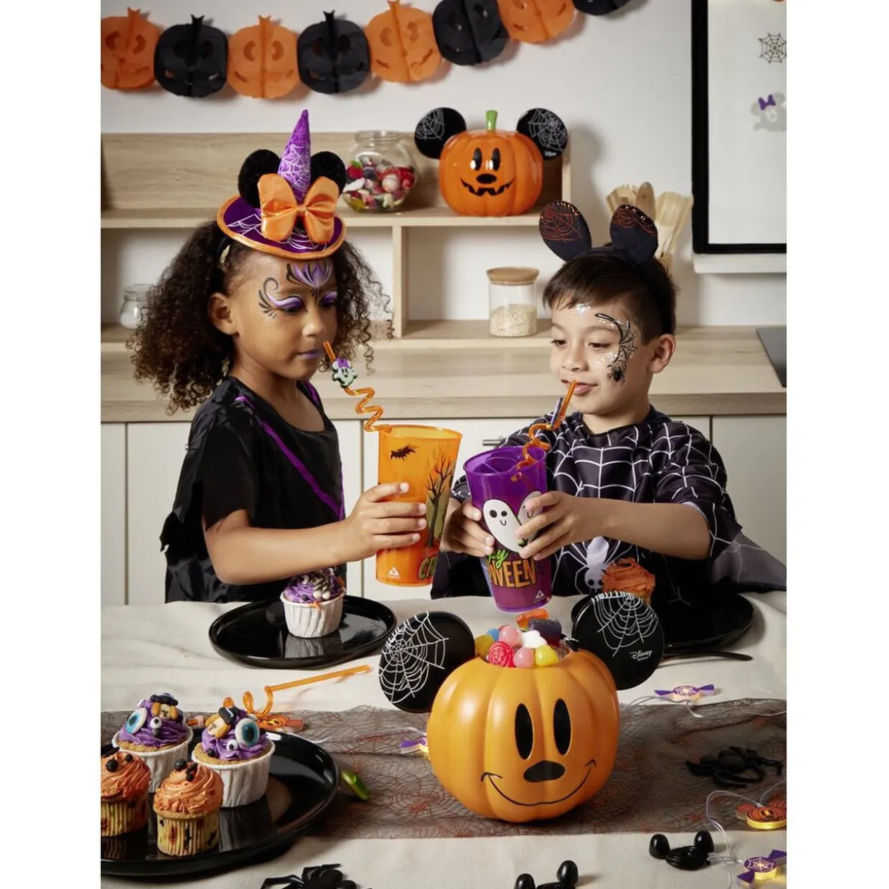 Paille Halloween Disney Mickey x4 plastique torsadé orange L27,5cm