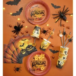 Paille papier Halloween x10 motif arraignée et citrouille noir blanc orange L19cm