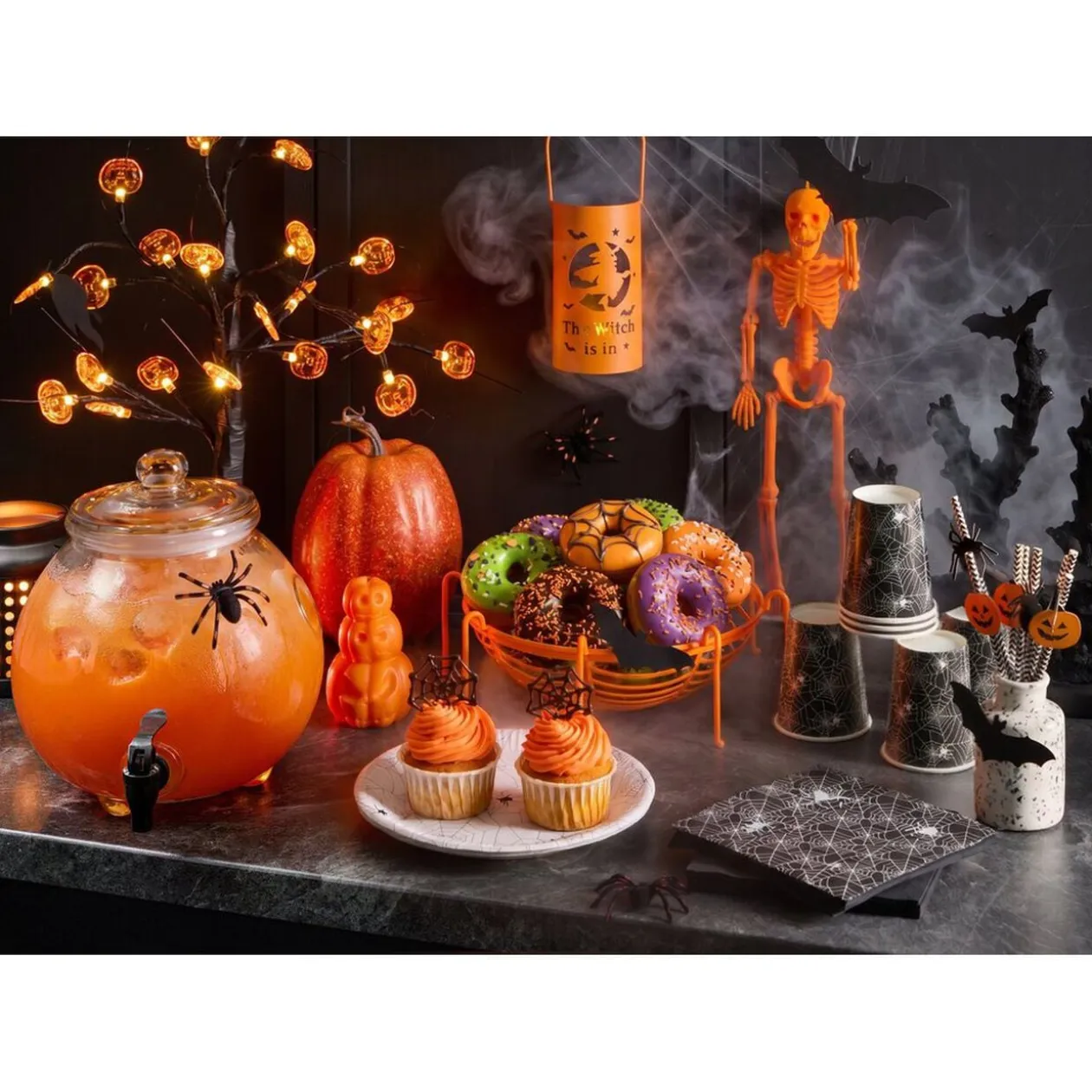 Paille papier Halloween x10 motif arraignée et citrouille noir blanc orange L19cm