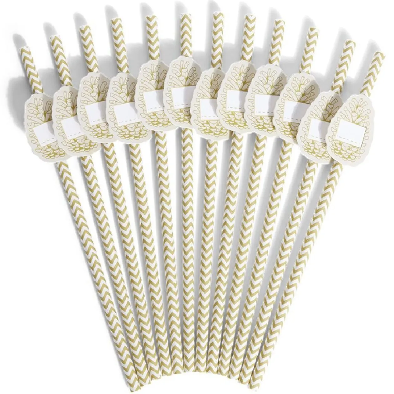 Paille personnalisable étiquette pomme de pin blanc et camel x12