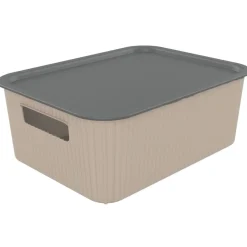 Panier de rangement 10L Vibox plastique beige avec couvercle gris 35x27xH13cm