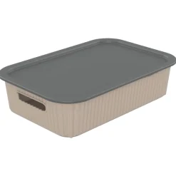 Panier de rangement 2L Vibox plastique beige avec couvercle gris 26x17,5xH6cm