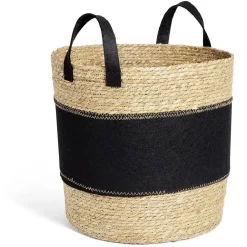 Panier à linge 42L jonc de mer et feutrine noir Ø37xH38cm