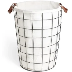 Panier à linge 48L métal noir et tissu blanc
