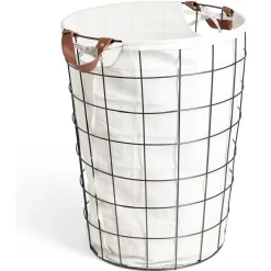 Panier à linge 48L métal noir et tissu blanc