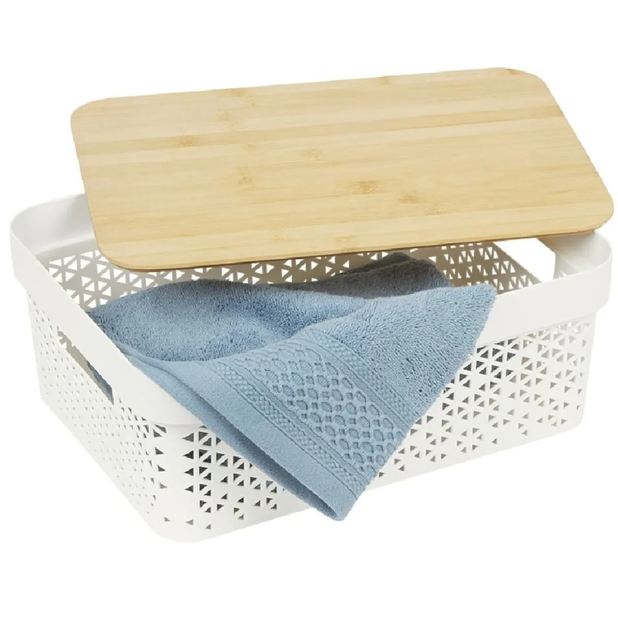 Panière de rangement blanche avec couvercle en bambou petit modèle