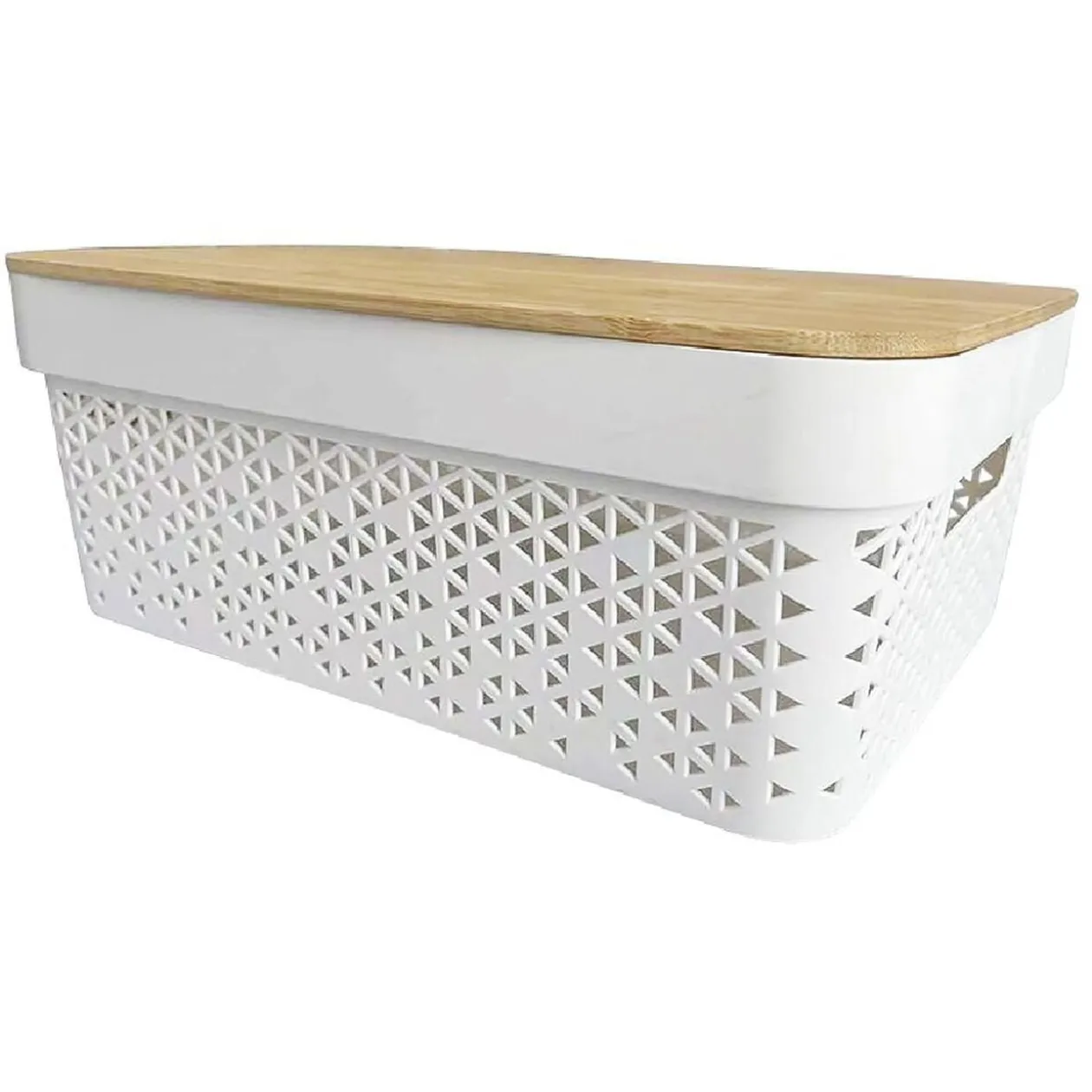 Panière de rangement blanche avec couvercle en bambou petit modèle