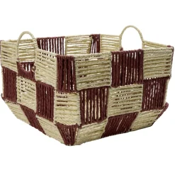 Panière de rangement carrée damier papier beige et rouge 34x34xH24cm