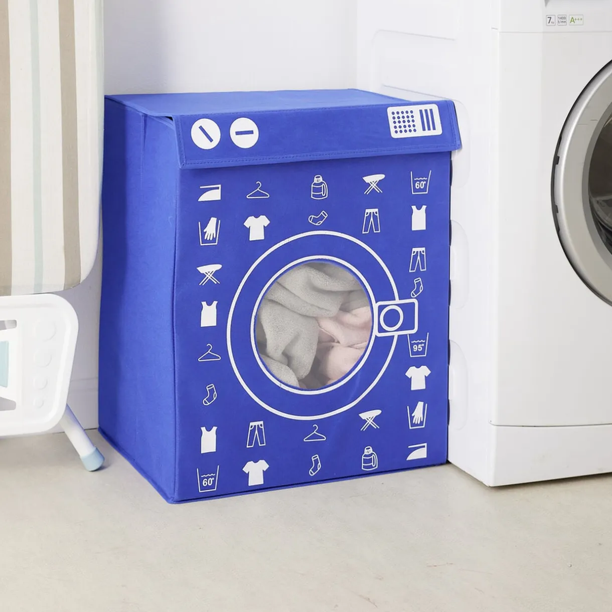 Panière de rangement à linge décor machine à laver bleu 44x35x55cm < Gifi Online