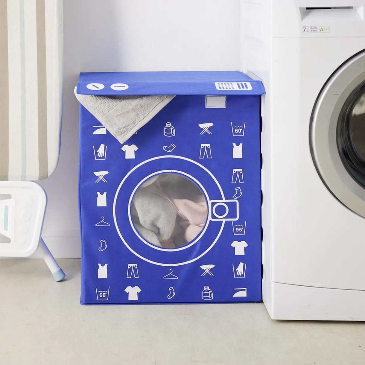 Panière de rangement à linge décor machine à laver bleu 44x35x55cm < Gifi Online