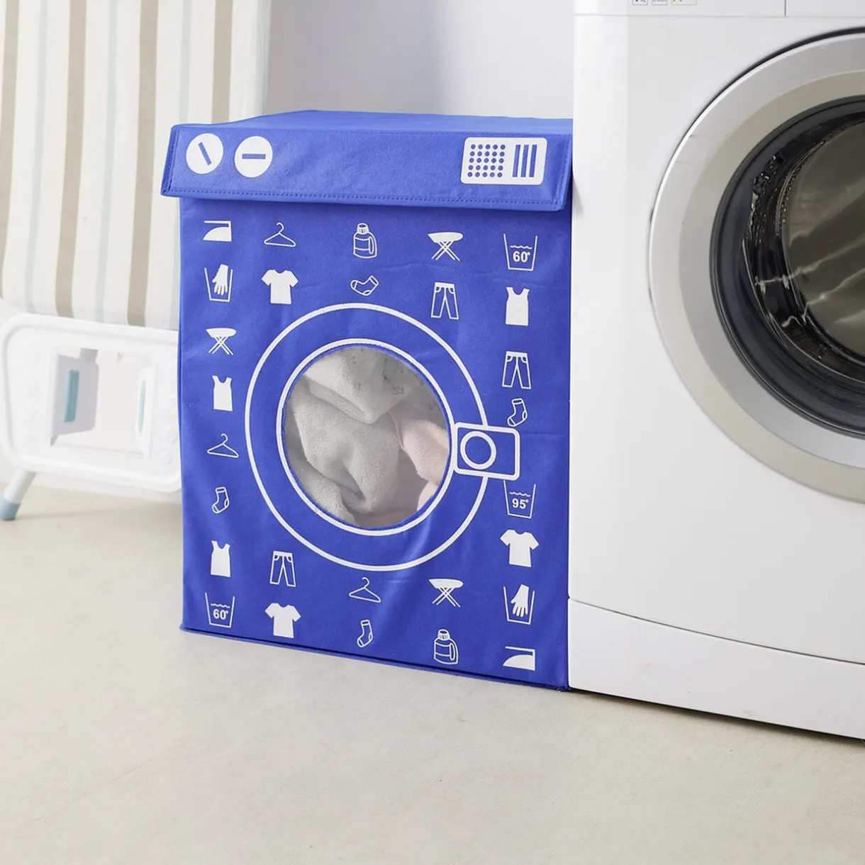 Panière de rangement à linge décor machine à laver bleu 44x35x55cm < Gifi Online