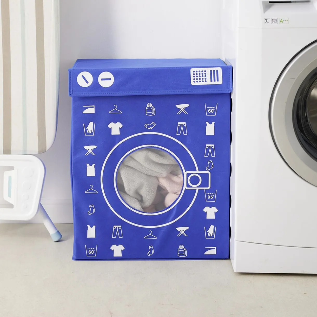 Panière de rangement à linge décor machine à laver bleu 44x35x55cm < Gifi Online