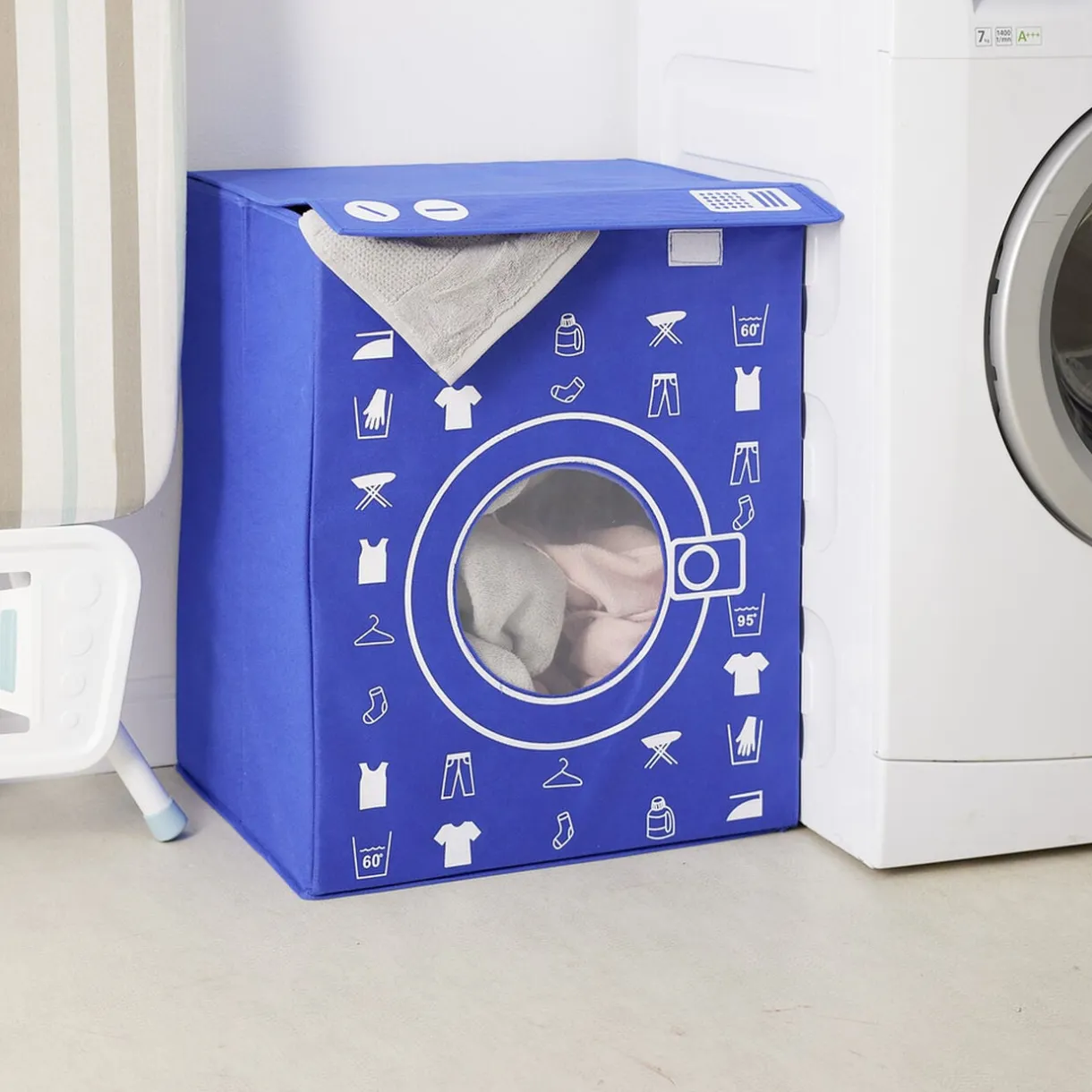Panière de rangement à linge décor machine à laver bleu 44x35x55cm < Gifi Online