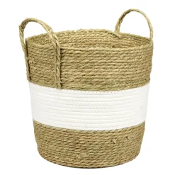 Panière ronde avec anses fibres et coton bicolore naturel et blanc Ø33xH33cm