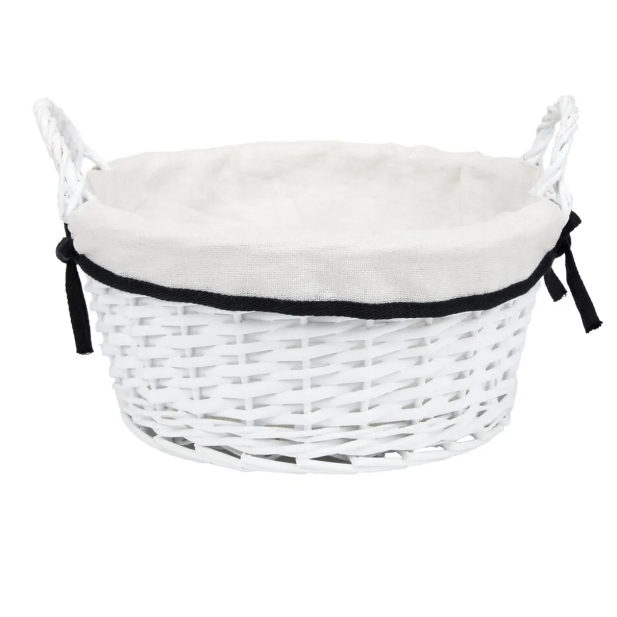 Panière ronde en bois tressé doublure tissu blanc noeud noir Ø30xH14cm