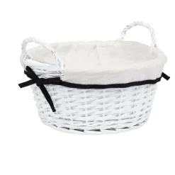 Panière ronde en bois tressé doublure tissu blanc noeud noir Ø30xH14cm