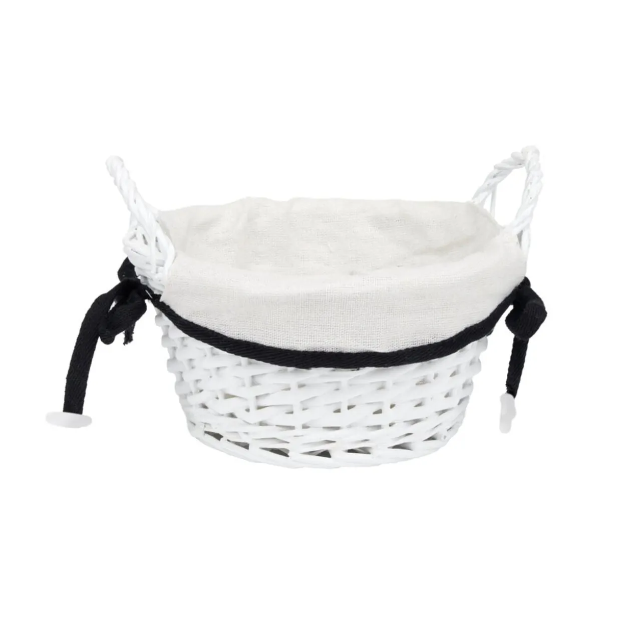 Panière ronde en bois tressé doublure tissu blanc noeud noir Ø20xH10cm