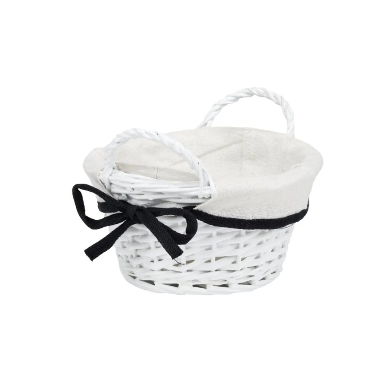 Panière ronde en bois tressé doublure tissu blanc noeud noir Ø20xH10cm