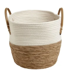 Panière tressée coton beige et jacynthe avec poignées Ø30xH28cm