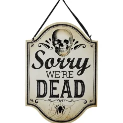 Panneau Halloween inscription Sorry we're dead en bois L22,75xH33,75cm