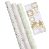 Papier cadeau Noël rouleau x3 avec 20 étiquettes autocollantes dorées