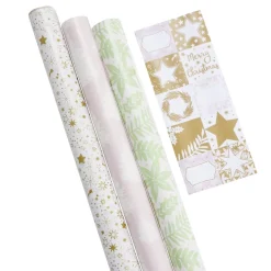 Papier cadeau Noël rouleau x3 avec 20 étiquettes autocollantes dorées