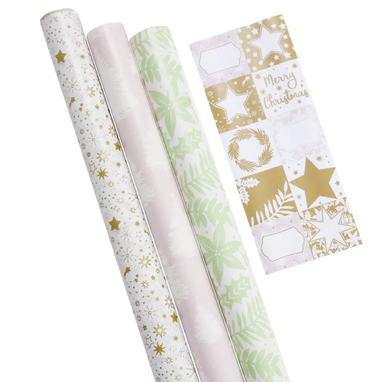 Papier cadeau Noël rouleau x3 avec 20 étiquettes autocollantes dorées