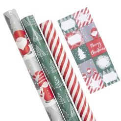 Papier cadeau Noël rouleau x3 avec 20 étiquettes autocollantes traditionnel