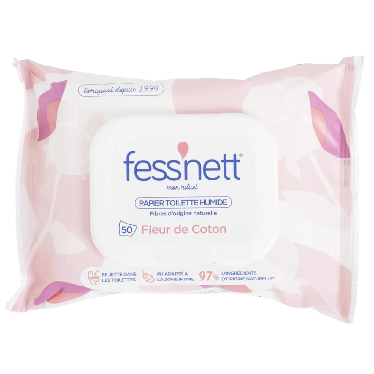 Papier toilette humide Fessnett fleur de coton 50 feuilles