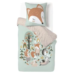 Parure de lit enfant 1 personne 140x200cm réversible motif forêt renard vert < Gifi Discount
