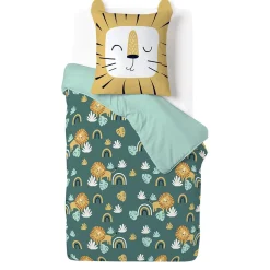 Parure de lit enfant 1 personne 140x200cm réversible motif savane lion vert
