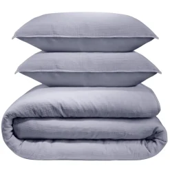 Parure de lit L240X220 cm gaze de coton 1 housse 2 taies 63X63 cm uni bleu < Gifi New
