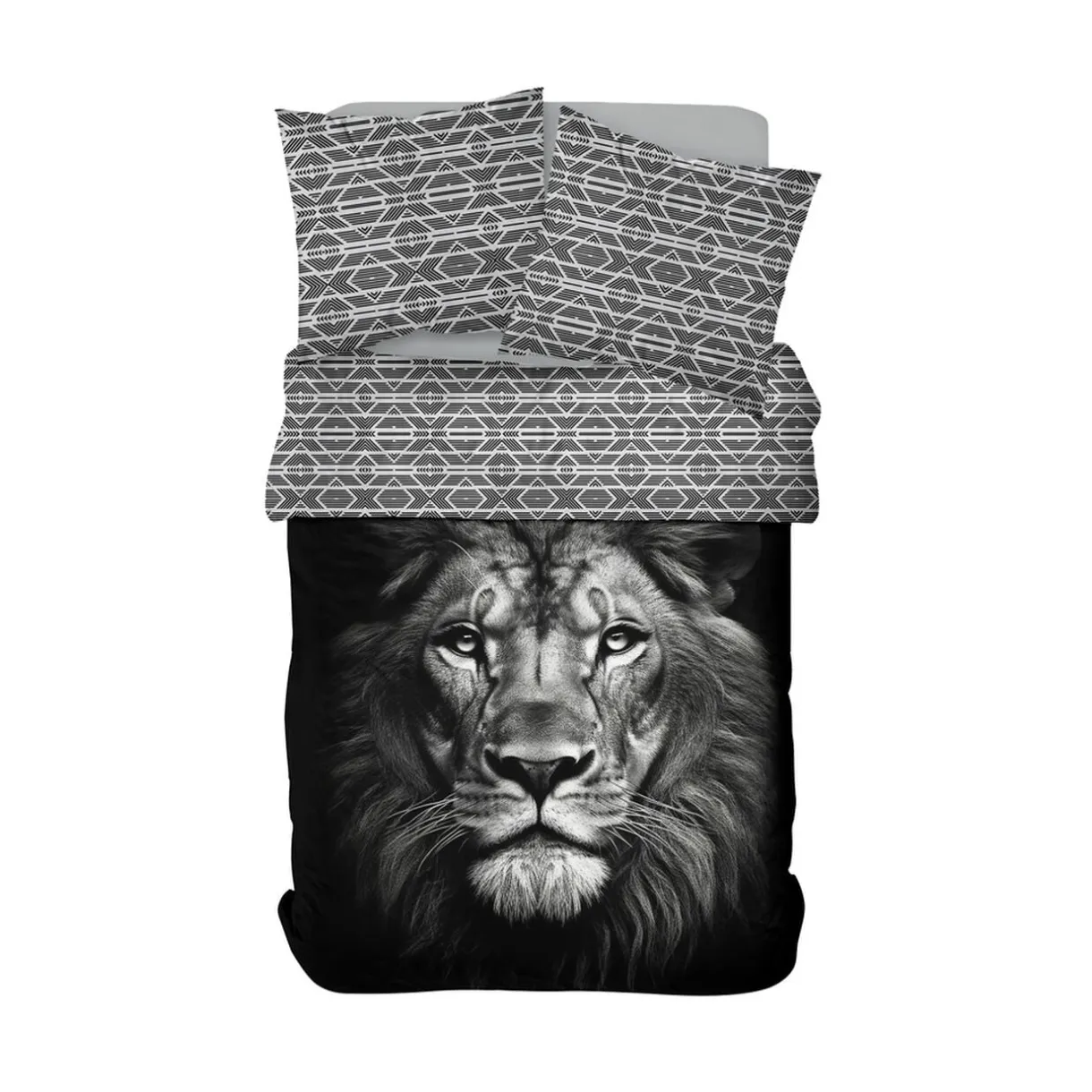Parure de lit 2 personnes 240x220cm coton motif lion noir et blanc < Gifi