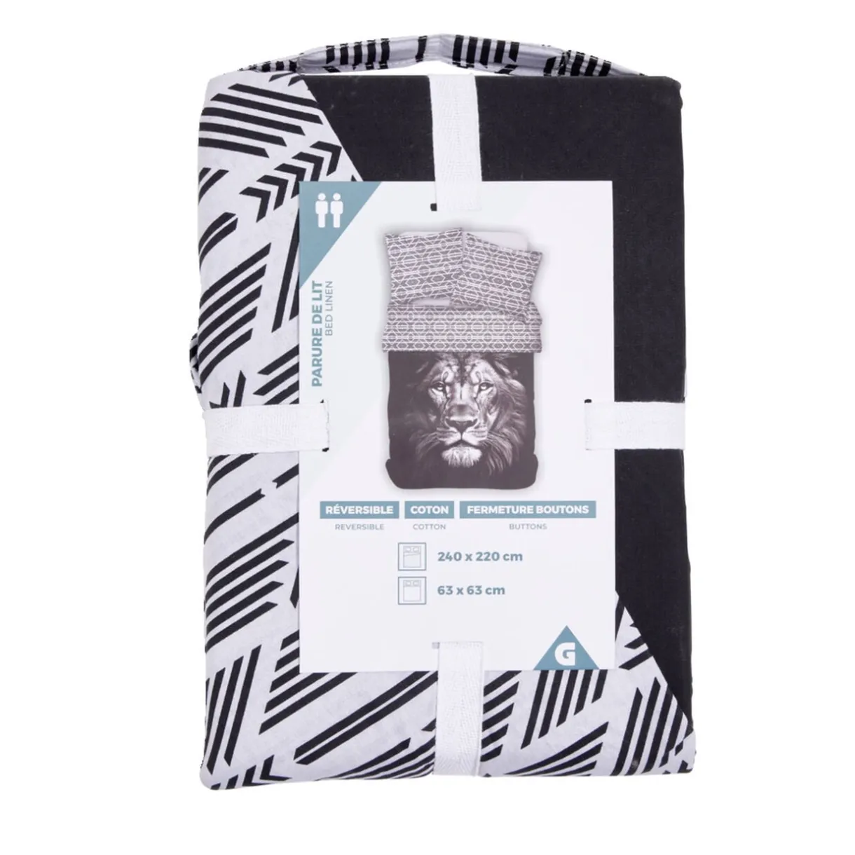 Parure de lit 2 personnes 240x220cm coton motif lion noir et blanc < Gifi