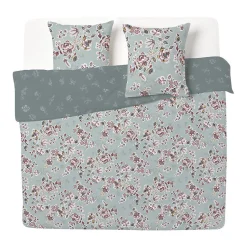 Parure de lit 2 personnes 240x260cm motif floral vert et rose