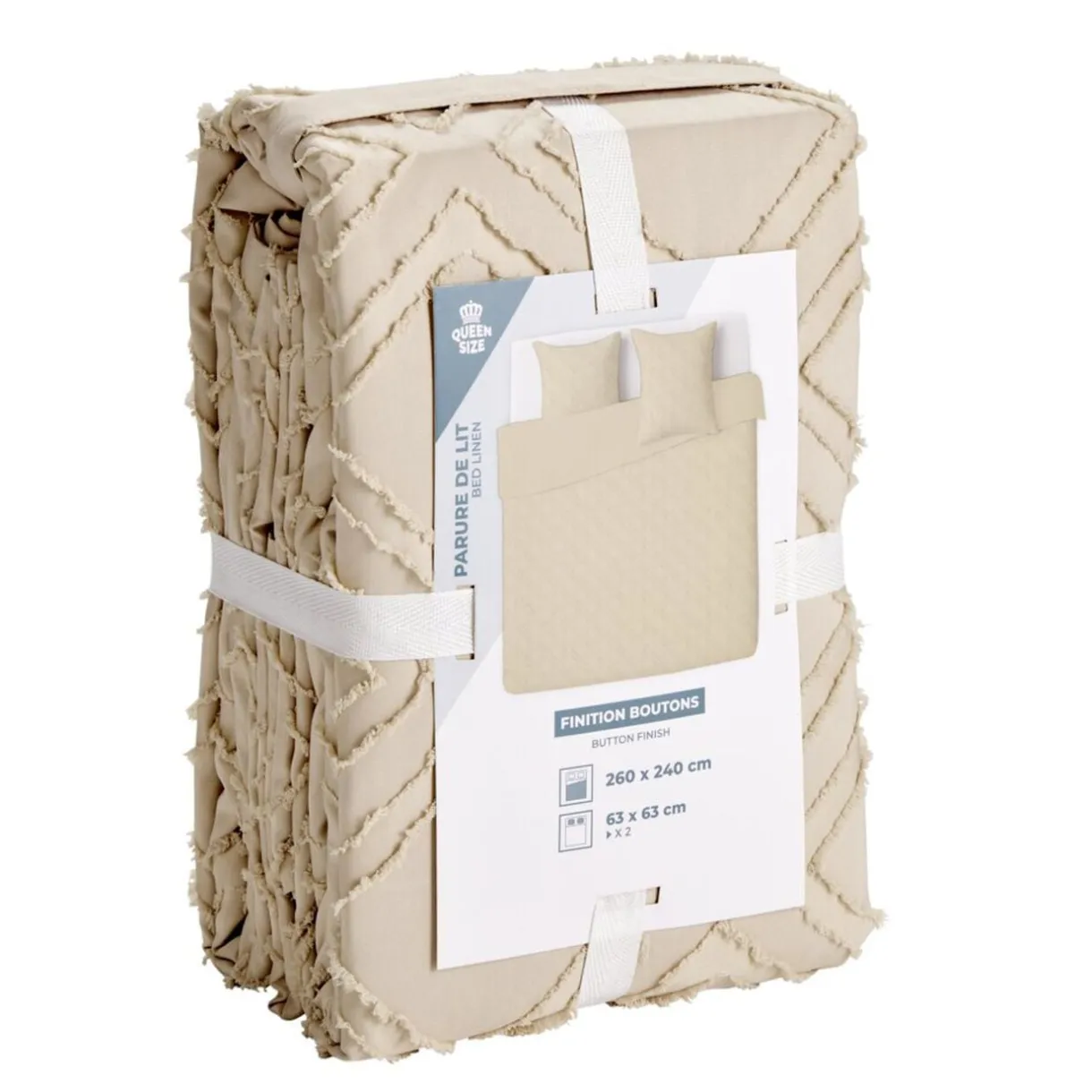 Parure de lit 2 personnes 260x240cm Queen Size uni tufté (2 modèles beige ou blanc) < Gifi Discount