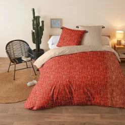 Parure de lit 2 personnes 220x240cm réversible motifs et pompons