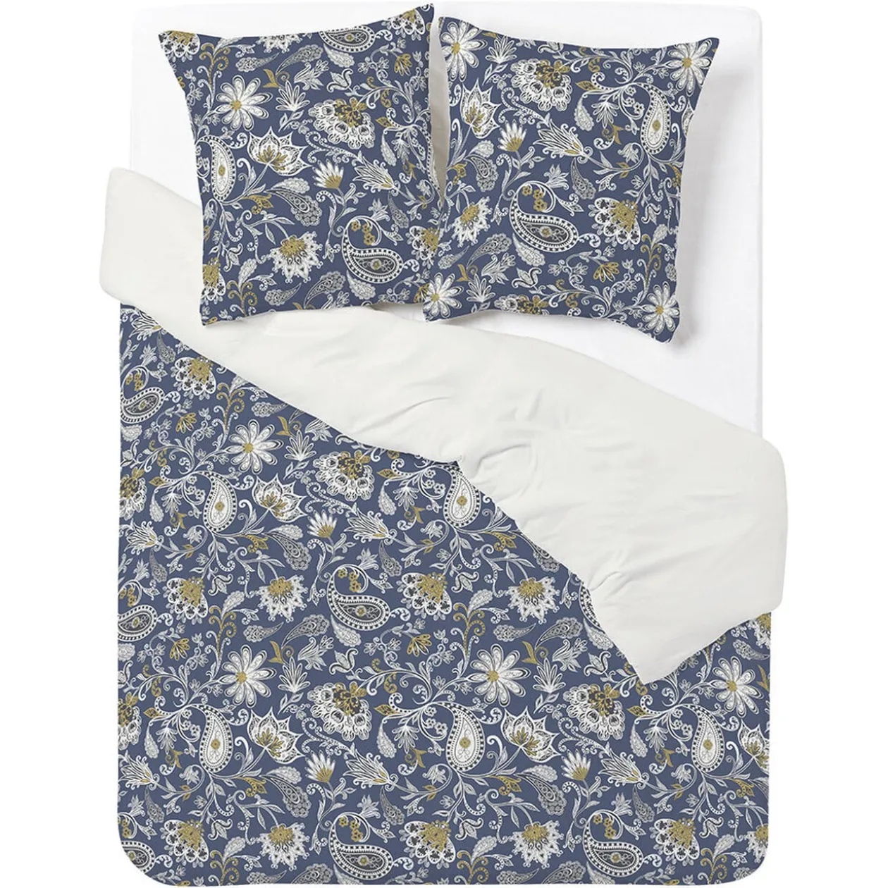 Parure de lit 2 personnes 240x220cm réversible paisley bleu et beige