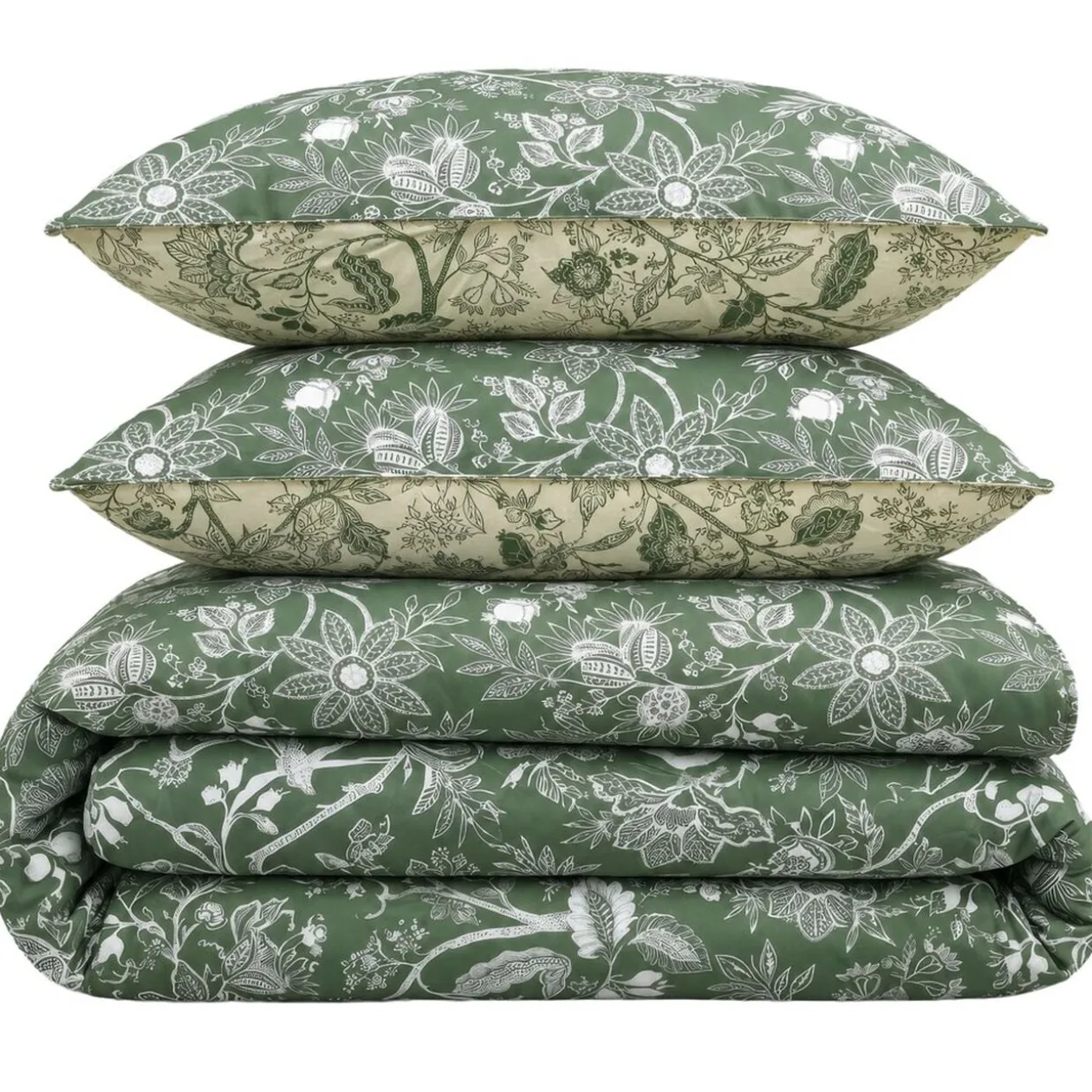 Parure de lit 2 personnes 220x240cm 2 taies 63x63cm coton floral vert