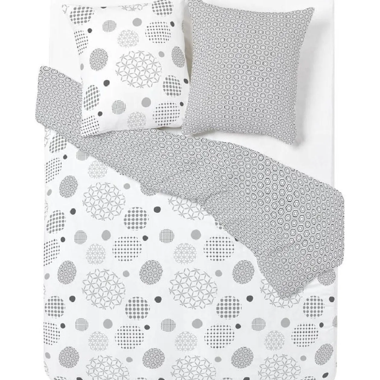 Parure de lit 2 places blanche et taupe motifs plumetis