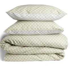 Parure de lit 2 places finition boutons coton imprimé beige et vert