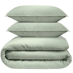 Parure de lit 240x260cm 2 personnes unie gaze de coton vert sauge 3 pièces
