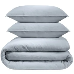 Parure de lit 240x260cm 2 personnes unie gaze de coton bleu clair 3 pièces