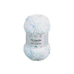 Pelote de fil à tricoter chenille blanc et bleu 120m
